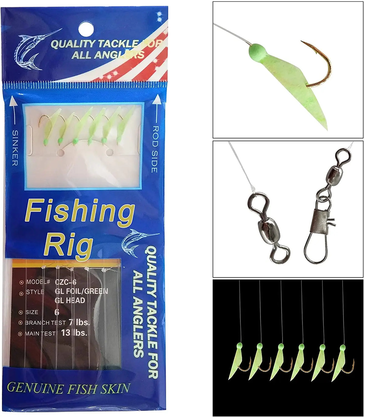 10/20/30PCS Fishing Rigs Saltwater Lures Bait Rigs Luminous Fishing Bait Rigs Real Fish Skin Sea Rigs with Hooks Swivels