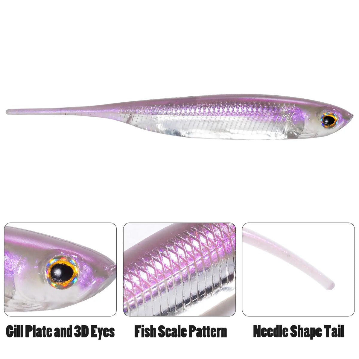Dr.Fish 6pcs Fishing Soft Plastic Lures Saltwater Needle Tail Silicone Soft Bait Shad Worm Bait Swimbaits Bass Trout 80mm