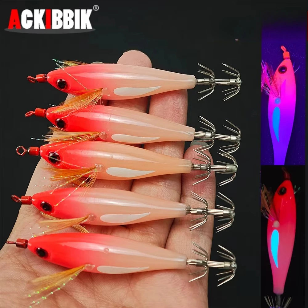 Horizontal Squid Lure Fishing, Luminous Squid Lure Tackle Bag, Wood Shrimp Bait, Artificial Baits for Squid, Octopus, and Cuttle