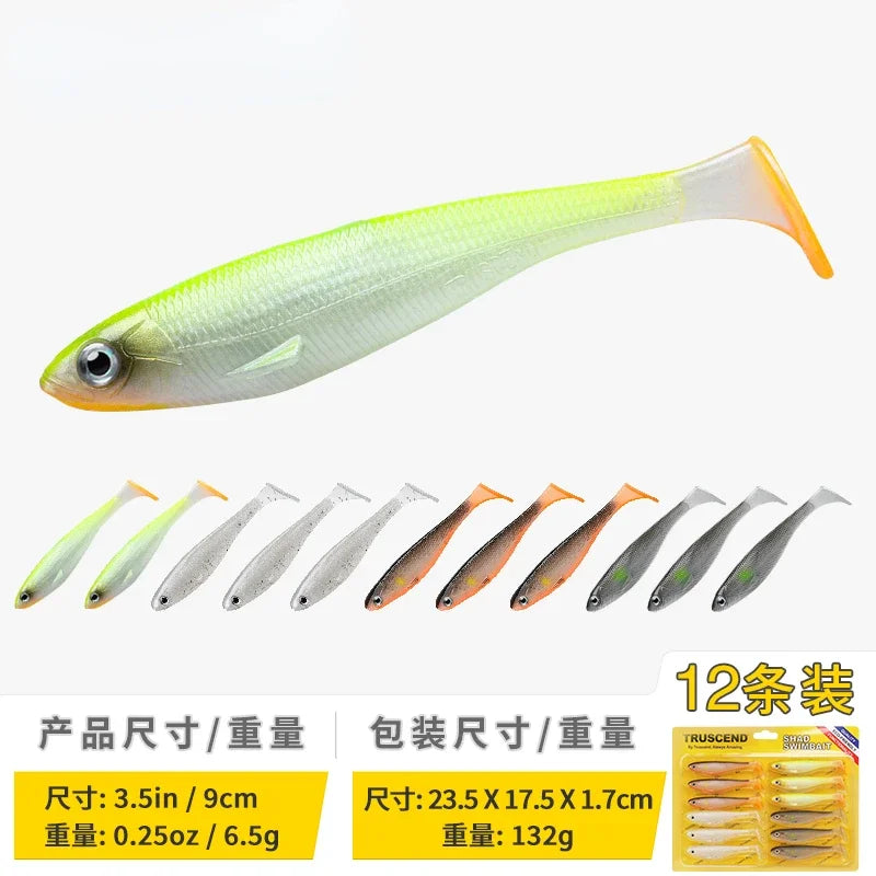 12pcs Fishing Bait T-tail Artificial Soft Fishing Lures Wobblers Fishing Soft Lures Silicone Shad Worm Bass Baits 3d eyes