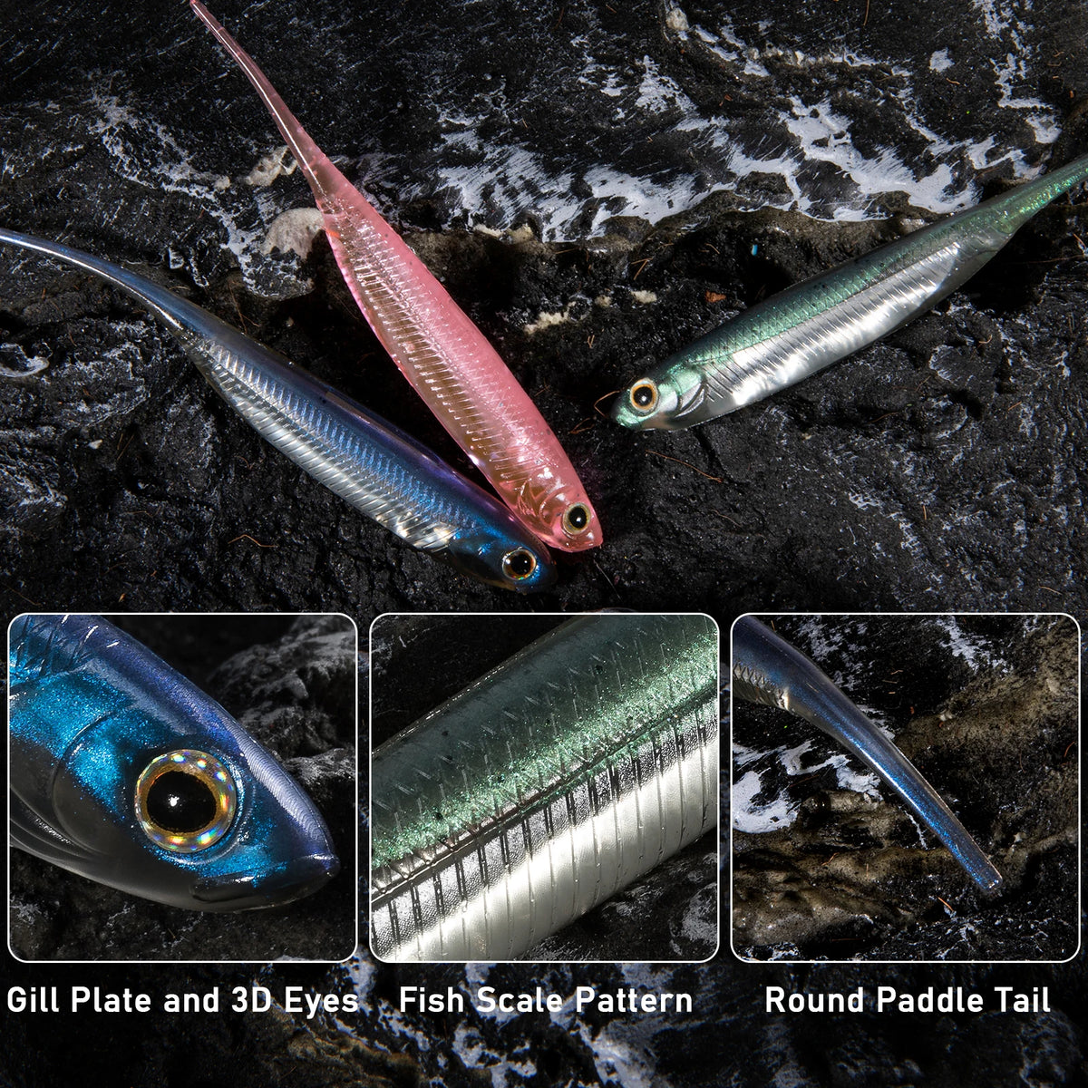 Dr.Fish 6pcs Fishing Soft Plastic Lures Saltwater Needle Tail Silicone Soft Bait Shad Worm Bait Swimbaits Bass Trout 80mm