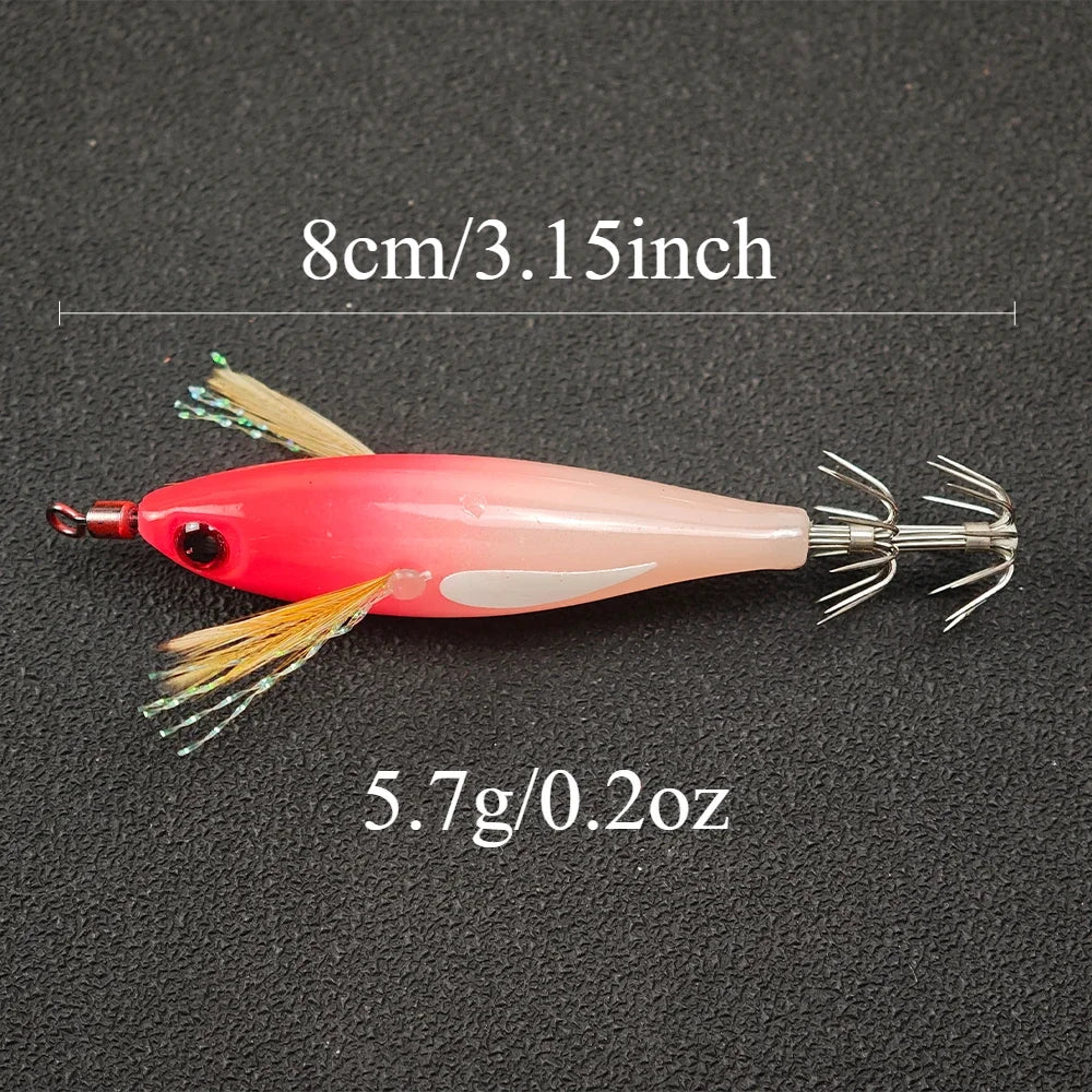 Horizontal Squid Lure Fishing, Luminous Squid Lure Tackle Bag, Wood Shrimp Bait, Artificial Baits for Squid, Octopus, and Cuttle