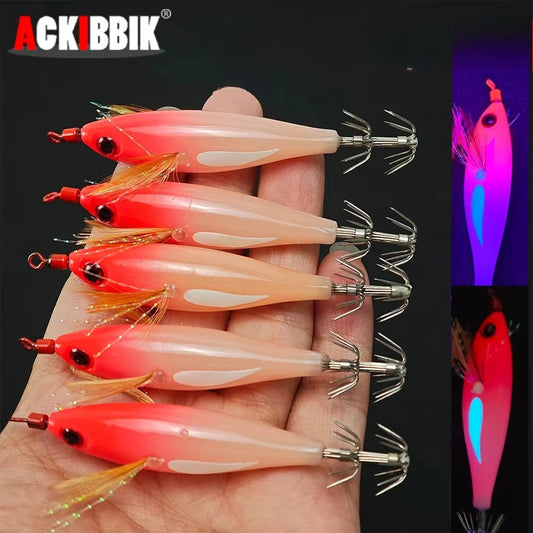 Horizontal Squid Lure Fishing, Luminous Squid Lure Tackle Bag, Wood Shrimp Bait, Artificial Baits for Squid, Octopus, and Cuttle