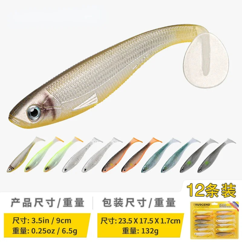 12pcs Fishing Bait T-tail Artificial Soft Fishing Lures Wobblers Fishing Soft Lures Silicone Shad Worm Bass Baits 3d eyes