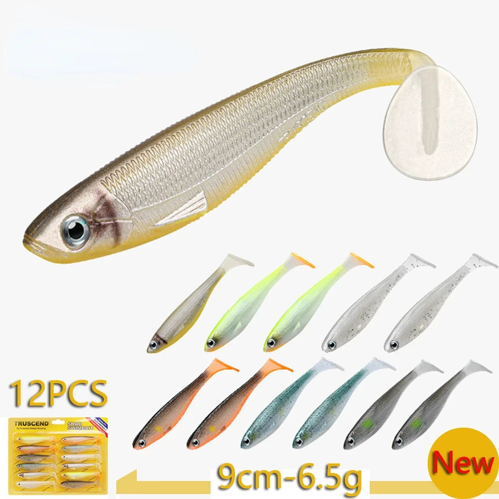 12pcs Fishing Bait T-tail Artificial Soft Fishing Lures Wobblers Fishing Soft Lures Silicone Shad Worm Bass Baits 3d eyes