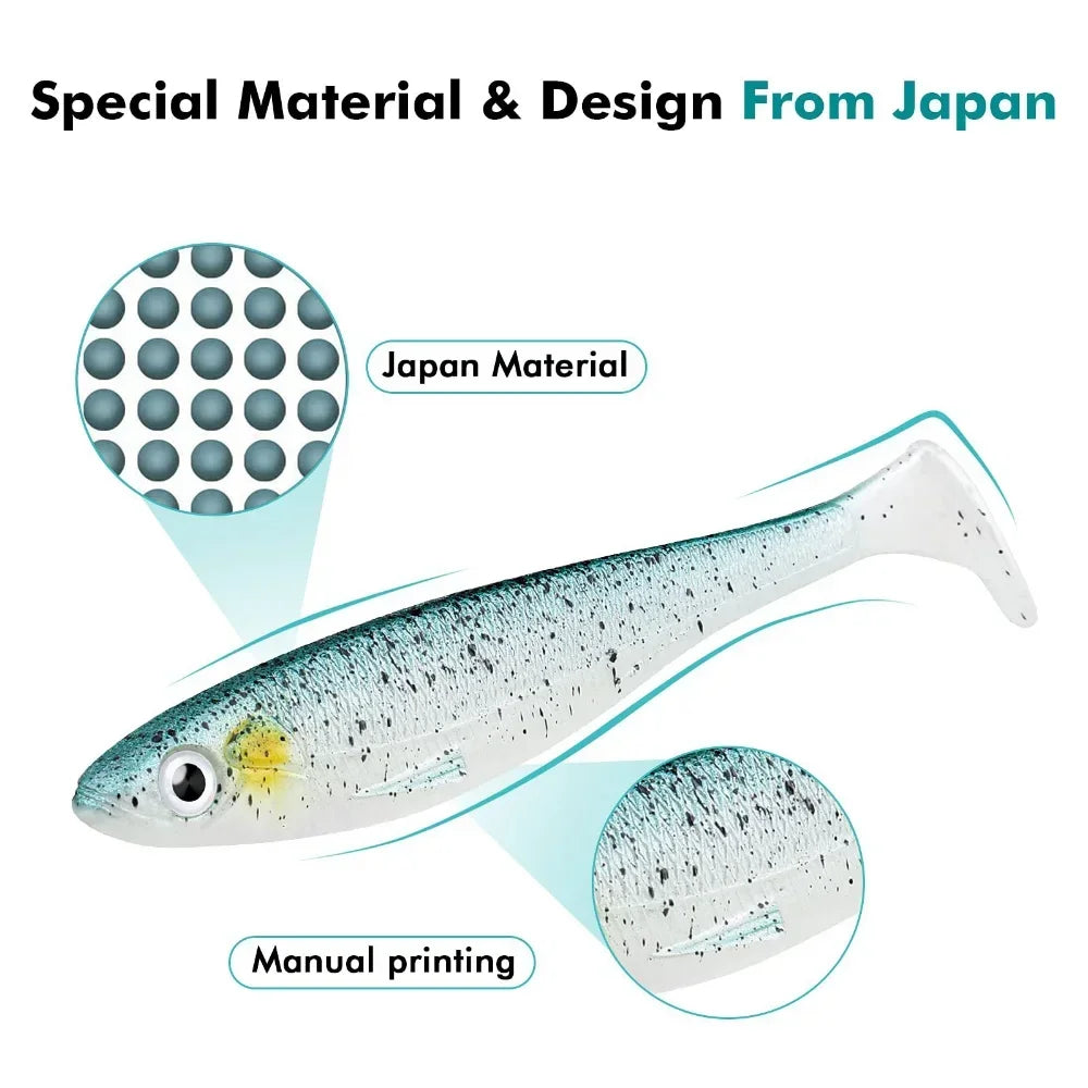 12pcs Fishing Bait T-tail Artificial Soft Fishing Lures Wobblers Fishing Soft Lures Silicone Shad Worm Bass Baits 3d eyes